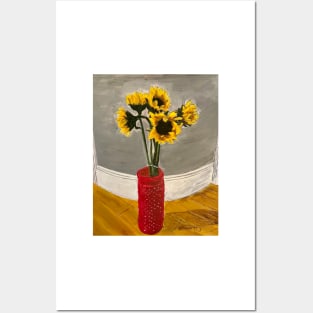 Sunflowers in Red Vase Posters and Art